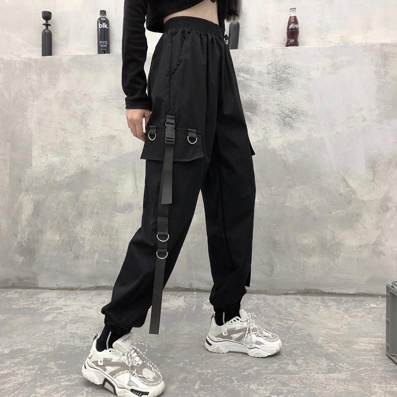 Men's Side Pockets Cargo Harem Pants New Ribbons Black  Hop Casual Male Joggers Trousers Fashion Casual Streetwear Pants
