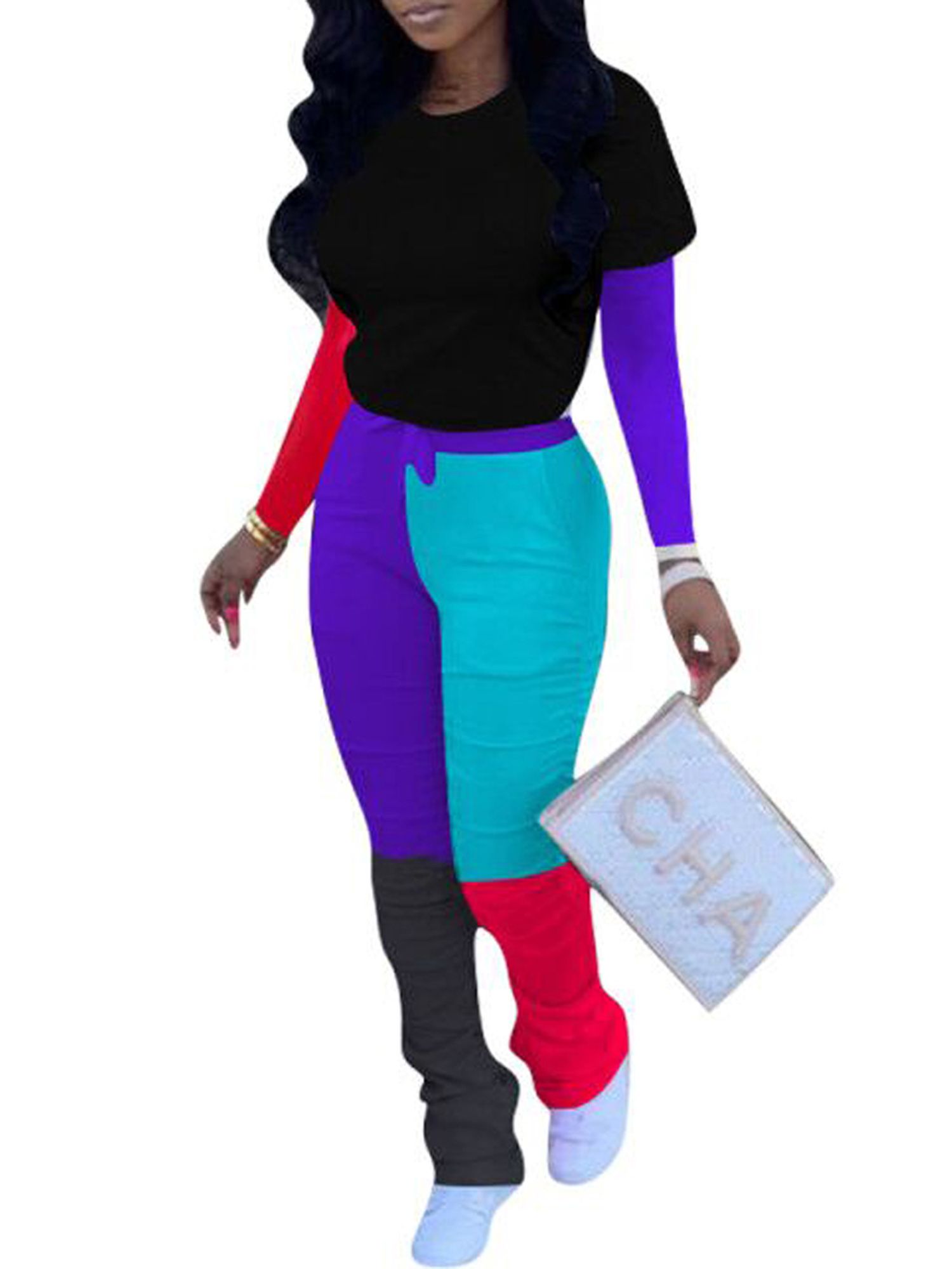 2020 Women's Long Sleeve Trouser Suit, Contrast Color O-Collar Sports Outfit, Casual Fake Two Pieces Set