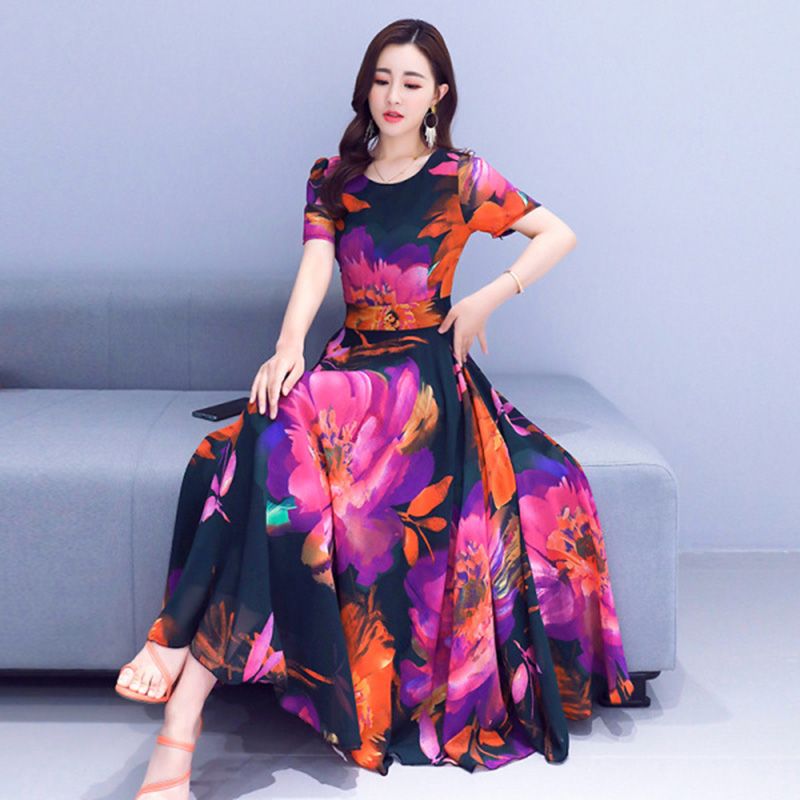 Women Dress Plus Size Printed Summer Crew-neck Long Skirt Waist-slimming Big Hemline Dress color