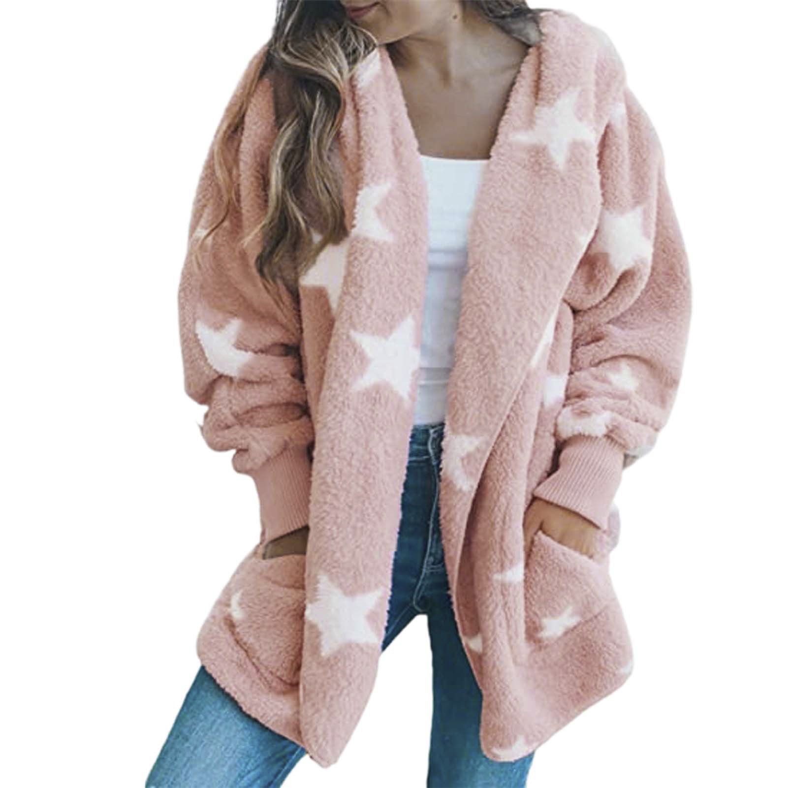 Fluffy Jacket Loose Fit Pockets Hooded Women Fleece Jacket