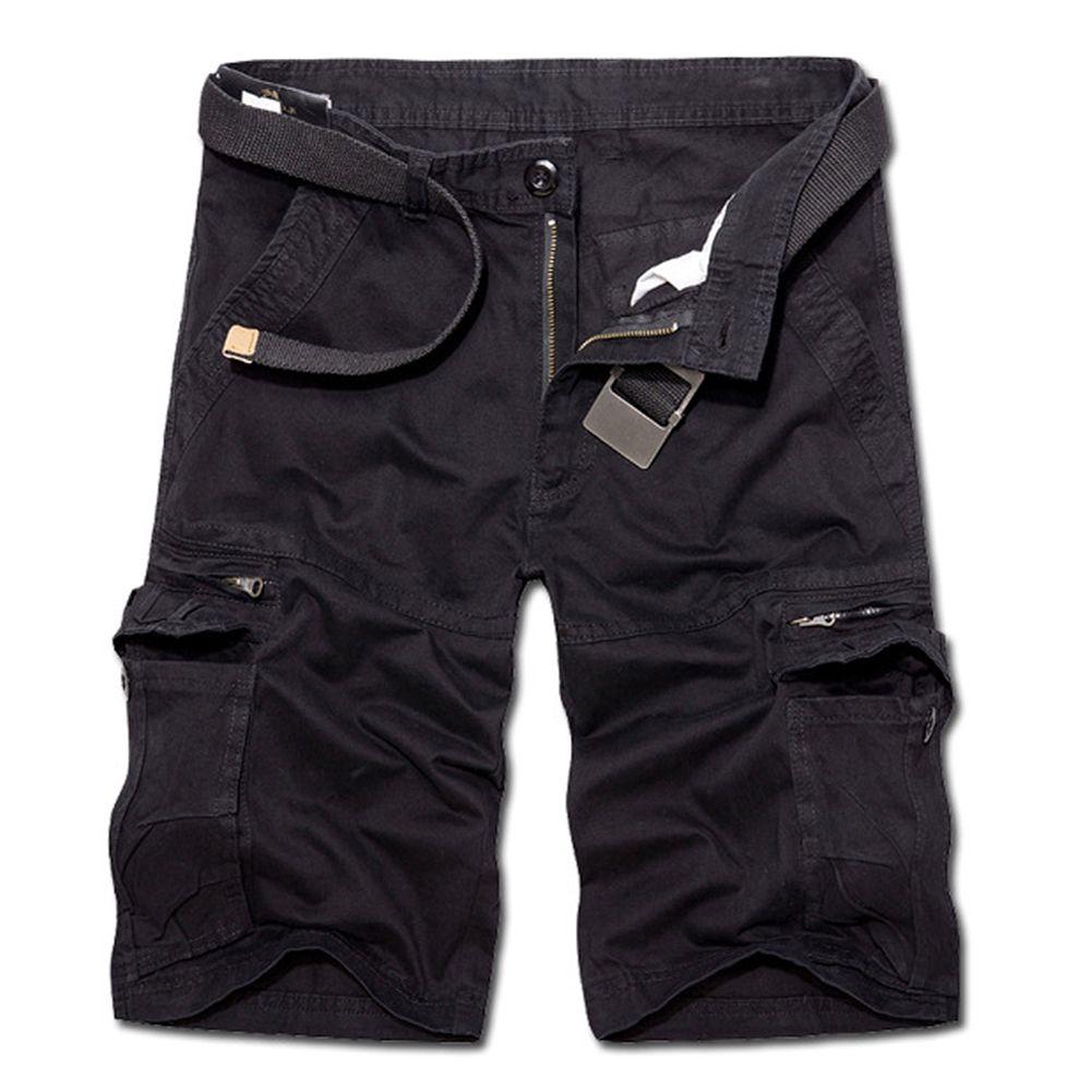 Men Casual Solid Color Breathable Multi Pockets Short Cargo Pants Beach Shorts