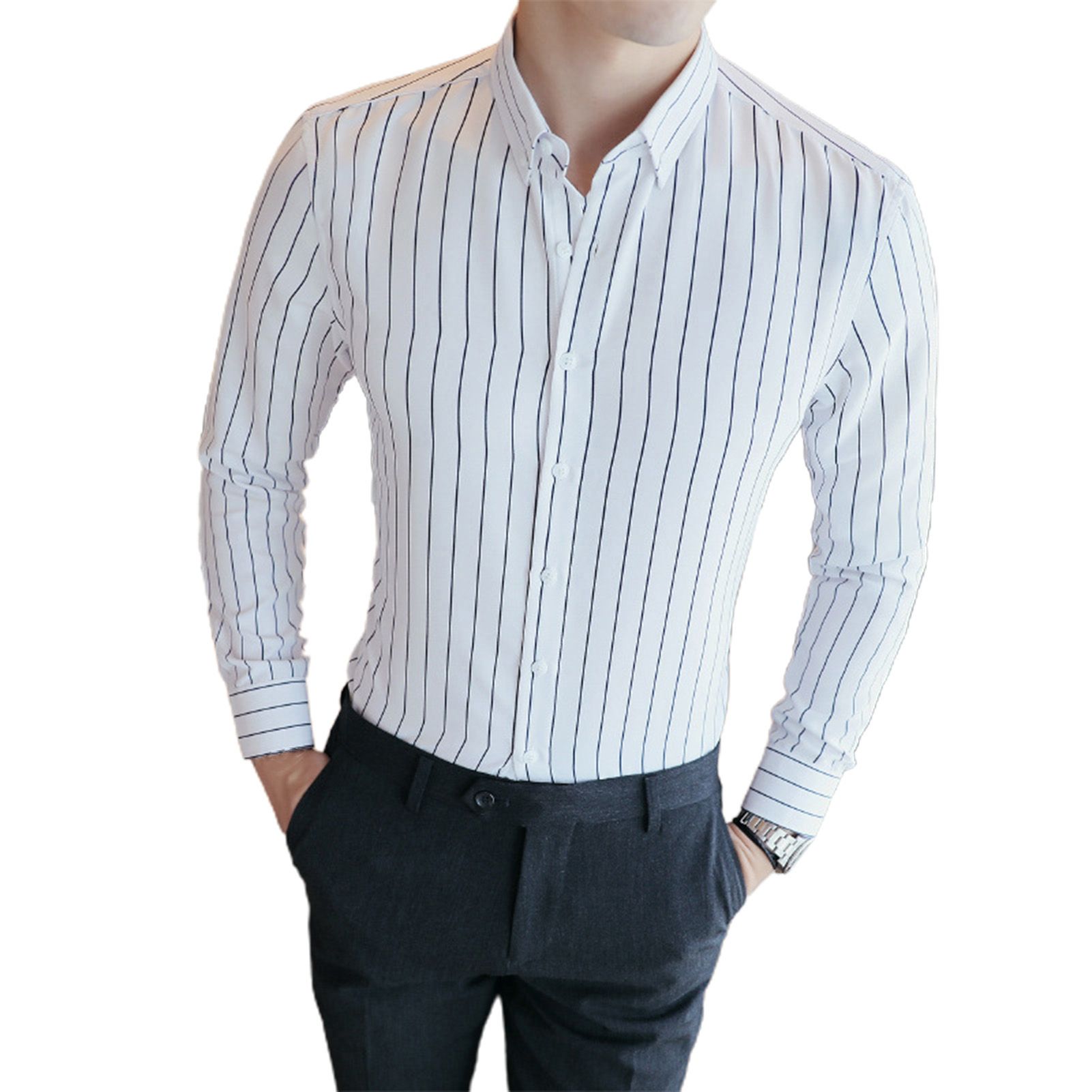 Shirt Buttons All Match Polyester Business Men Striped Shirt for Dating