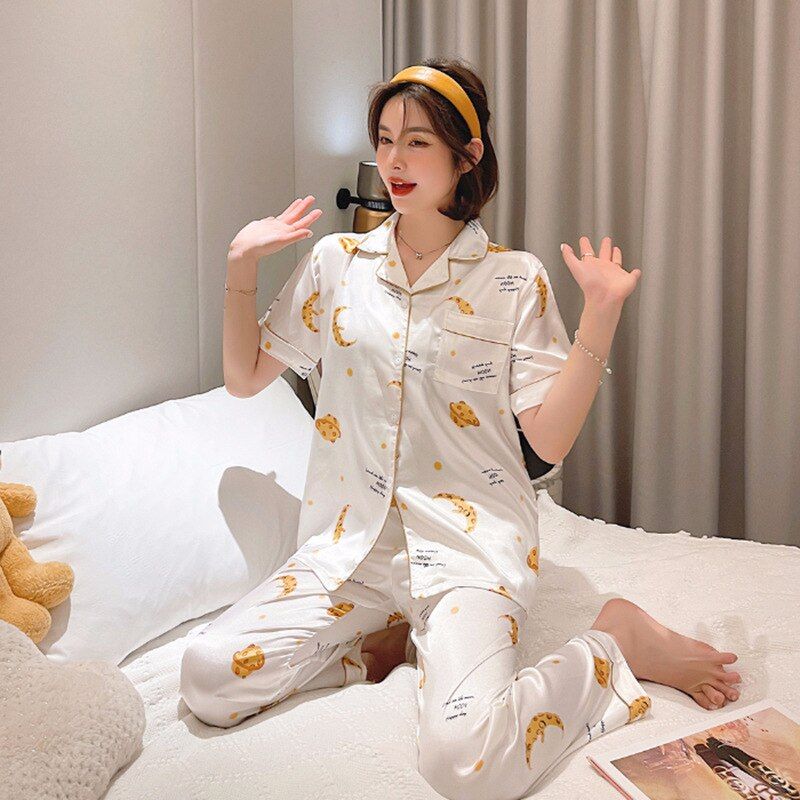 Summer Pajamas Women's Imitation Silk Lapel Cardigan Loose Thin Style Home Service Girls Short-sleeved Trousers Two-piece Suit