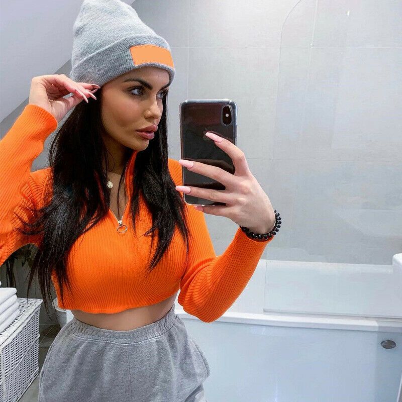 Women Zipper Cropped Navel Long Sleeve Blouse Solid Color Slim Top