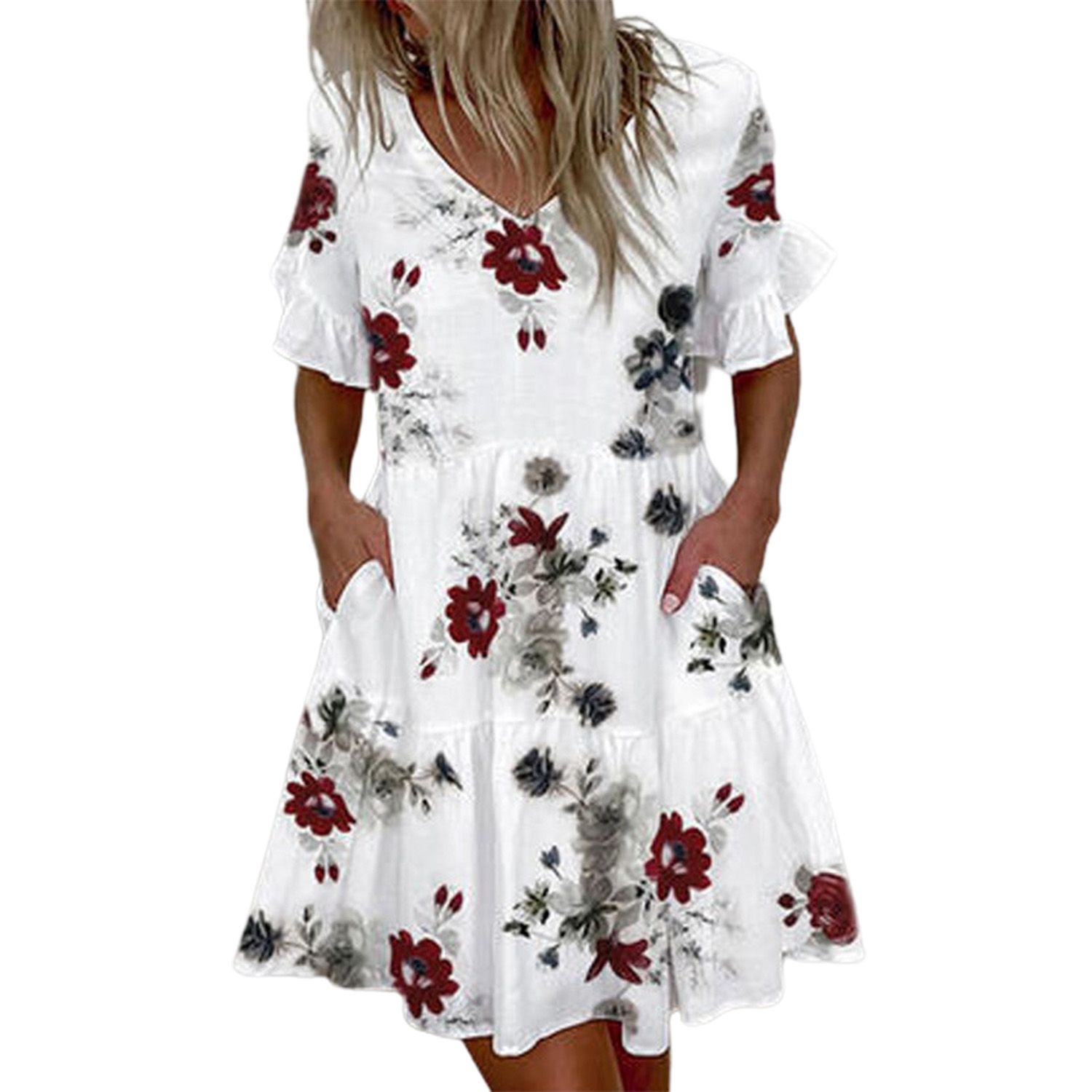 Dress V Neck Loose Female Women Floral Print Dress for Shopping