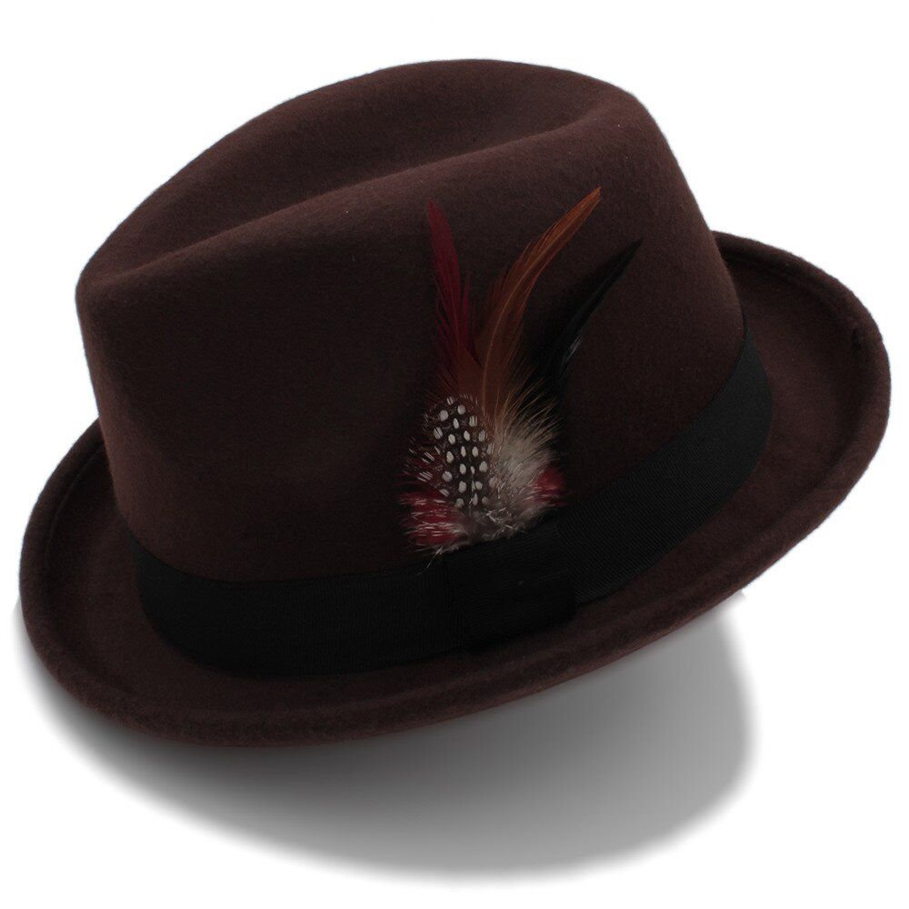 Men's Feminino Felt Fedora Hat for Dad Winter Autumn Wool Church Roll Up Brim Homburg Jazz Hat Feather Hat