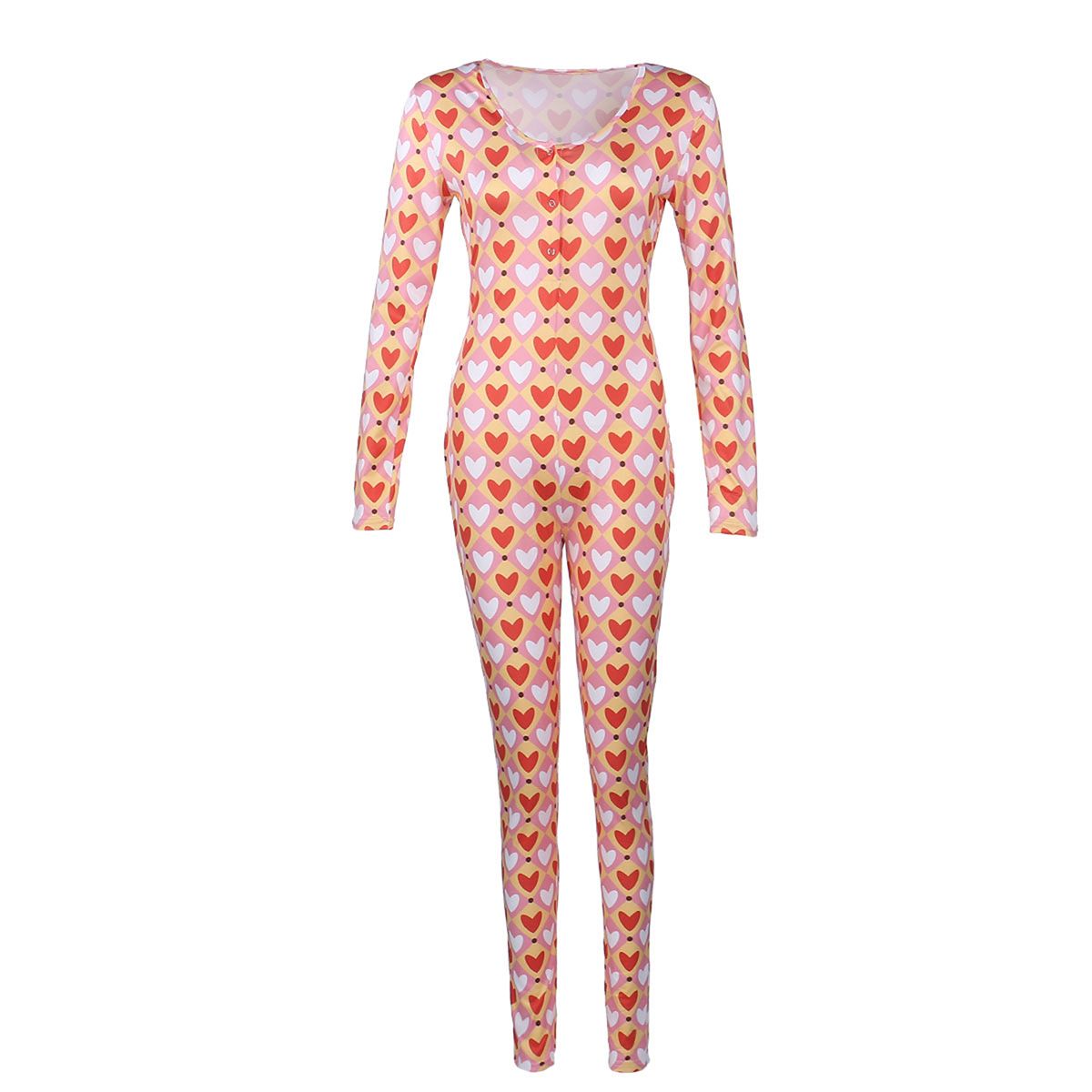 Women's Long-Sleeved Homewear Jumpsuit, Snap Button Cartoon Printed, Round Neck One-Piece Pajamas