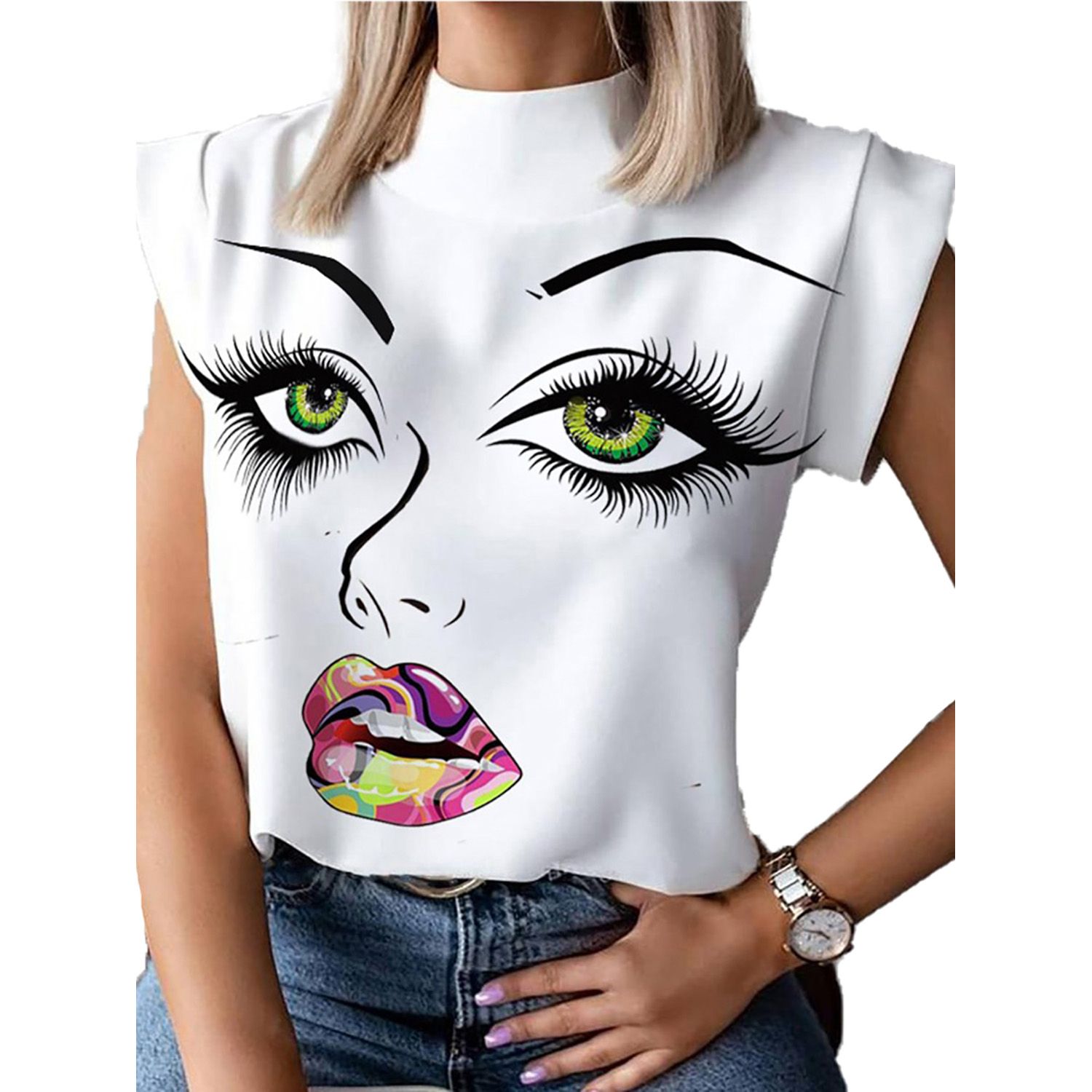 Women Summer Short-sleeved Pullover Top Korean Personality Printed Stand Collar T-shirt