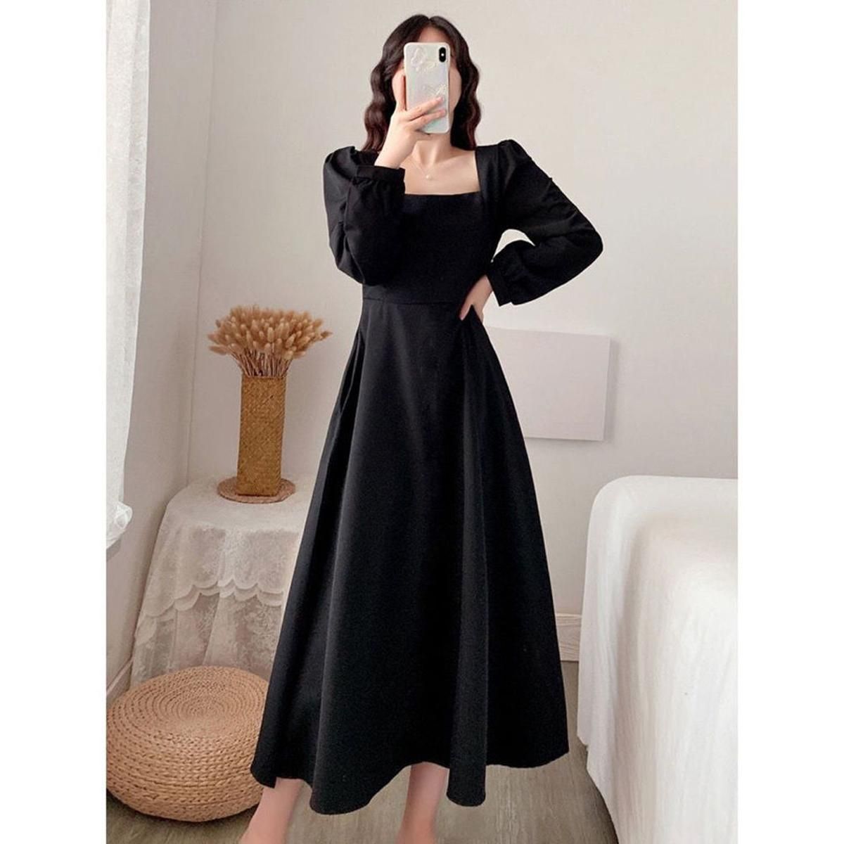 Long Sleeve Dress Women Holiday Elegant Ankle-length Female Square Collar ple Trendy Korean Style Leisure Streetwear Slim Ins