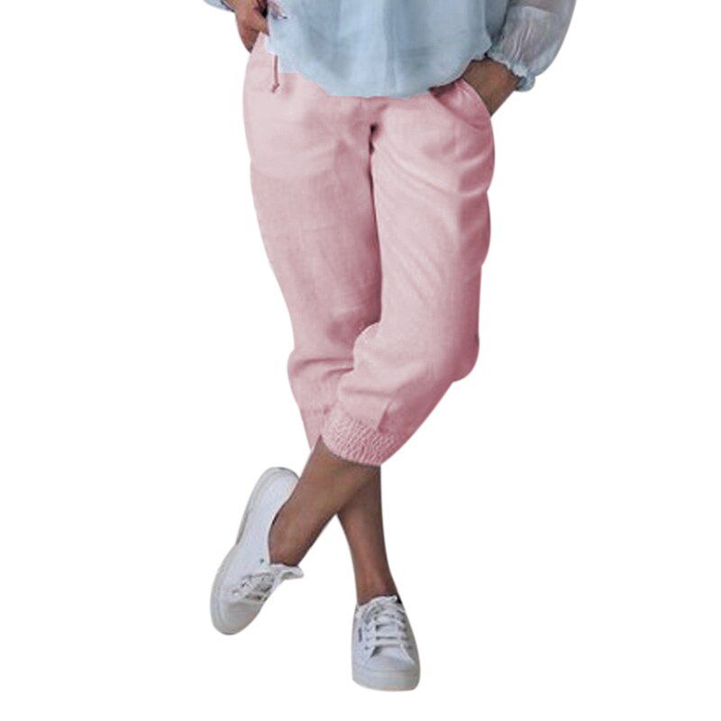 White Women Cotton Pants Short Pants Capris Casual Loose Elastic Waist Female Plus Size Summer Calf-length Women Pants