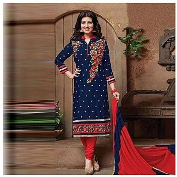 Navy Blue Cotton Block Printed Unstiched Salwar Kameez for Women