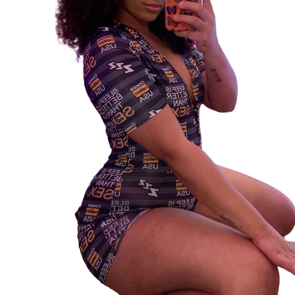 Women's Short Sleeve Jumpsuit Fashion Summer Print Slim Fit Bodysuit Casual Home Service