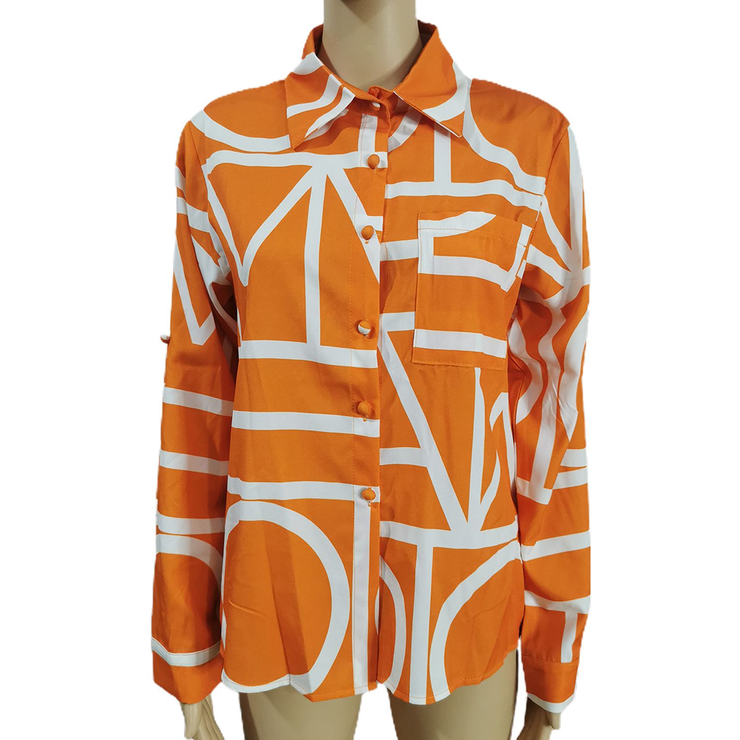 Fashionable Shirt Turn-Down Collar Irregular Geometry Print Lady Casual Blouse