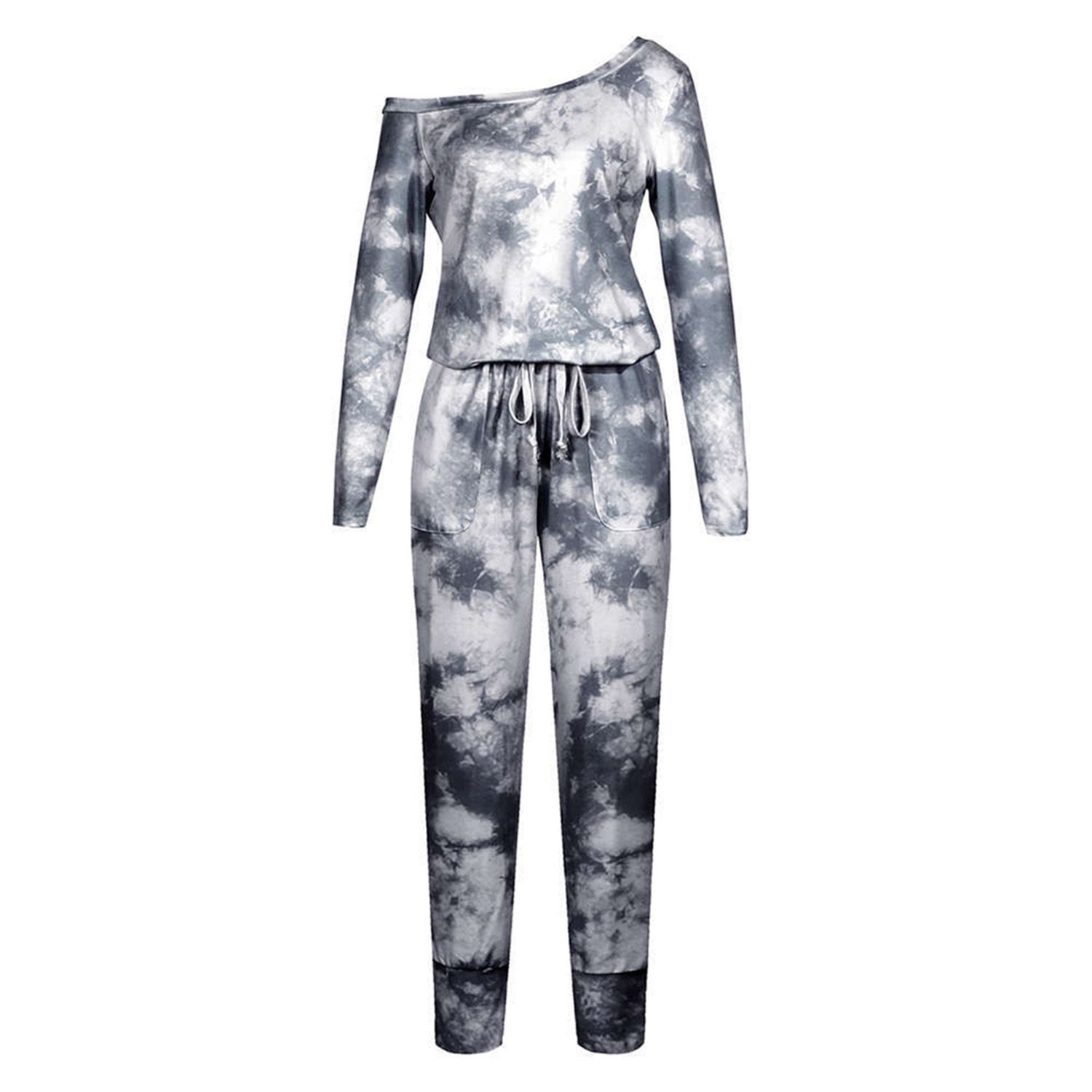 2021 Women Long Sleeves + Trousers, Off Shoulder Tie-dye Printing Drawstring with Pockets Spring Clothing