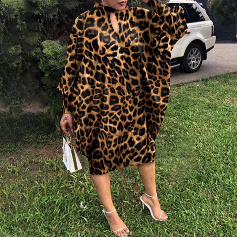 Party Dress Robe Women Long Sleeve Leopard Print Midi Dress 2021 VONDA  Autumn Casual Loose Holiday Long Shirt Vestido Oversized