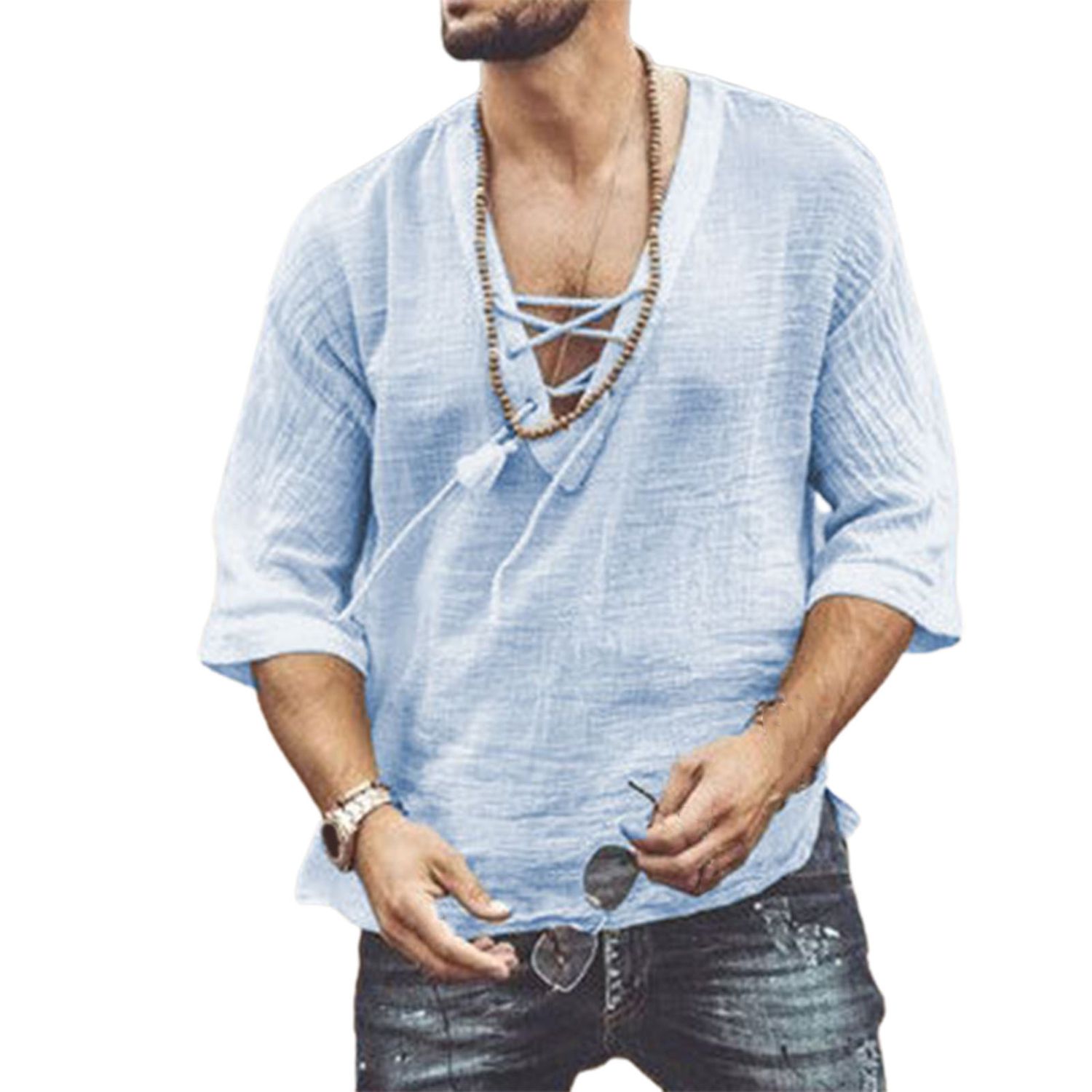 Casual T-shirt V-Neck Drawstring Collar Men Loose T-shirt