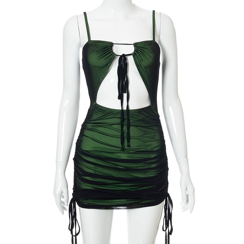 Women  Black Mesh Patchwork Bodycon Mini Dress Spaghetti Strap Cut Out Green Dress Lace Up Ruched Slim UK Robe 2021 Summer