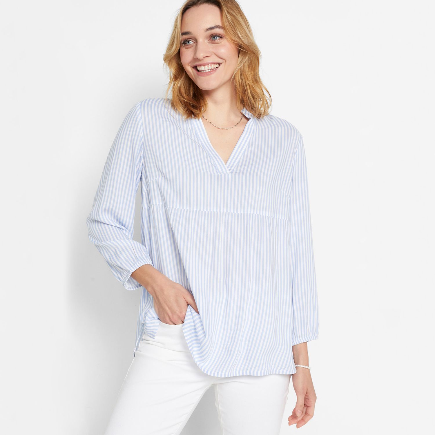 Stripe Viscose Long Sleeve Ladies Short Top (BLU/PINK/BPC/CT-53.1)
