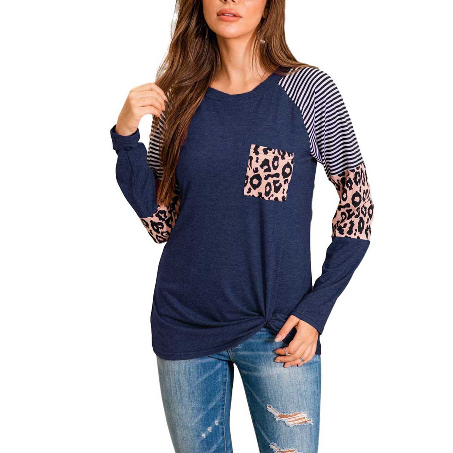 New Women’s Autumn Wear, Fashionable Stripes Leopard O-Neck Long-Sleeves T-Shirt with Knotted Hem for