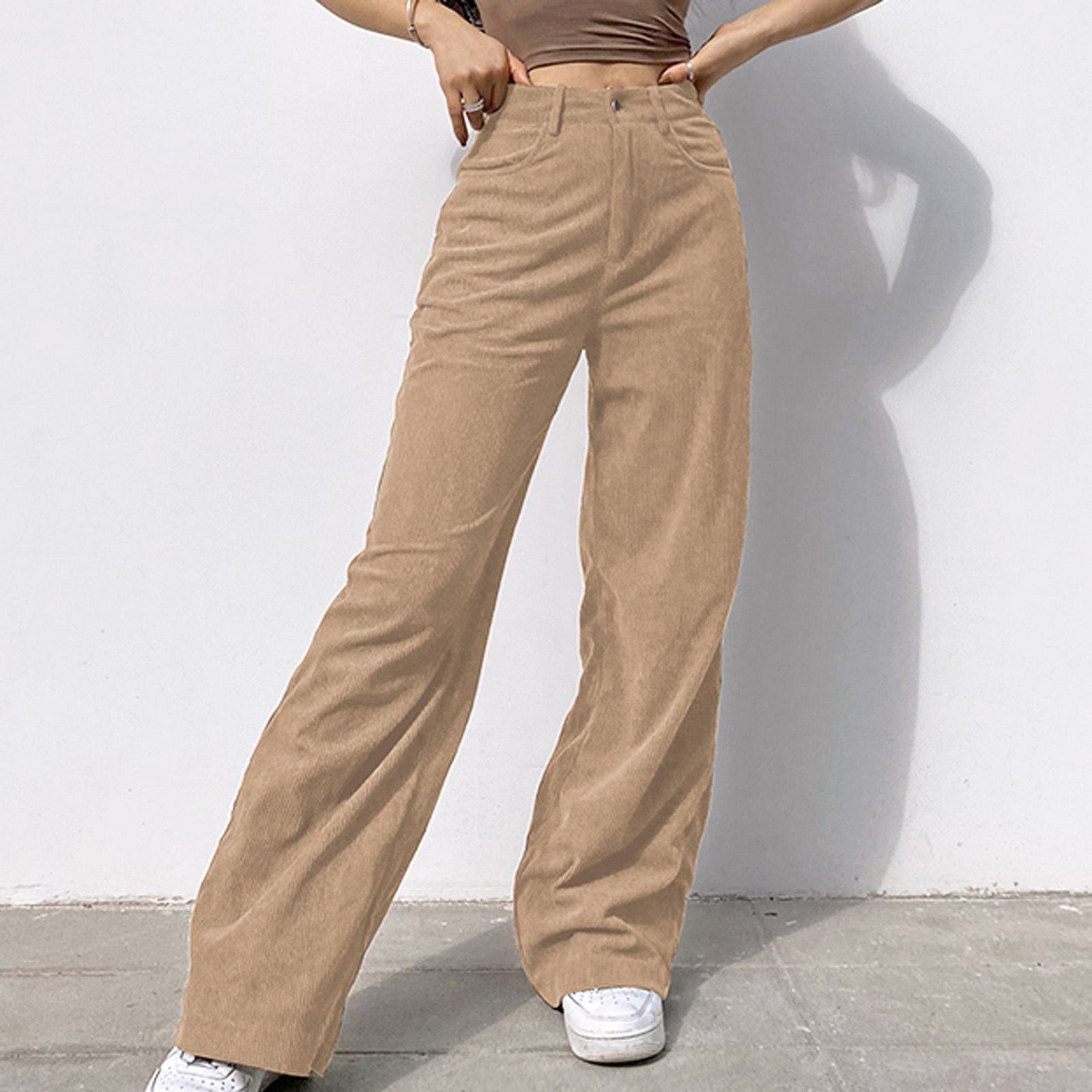 Women Corduroy Cargo Pants Streetwear Solid Brown High Waist Wide Leg Straight Pants Straight Female Casual Baggy Trousers D20