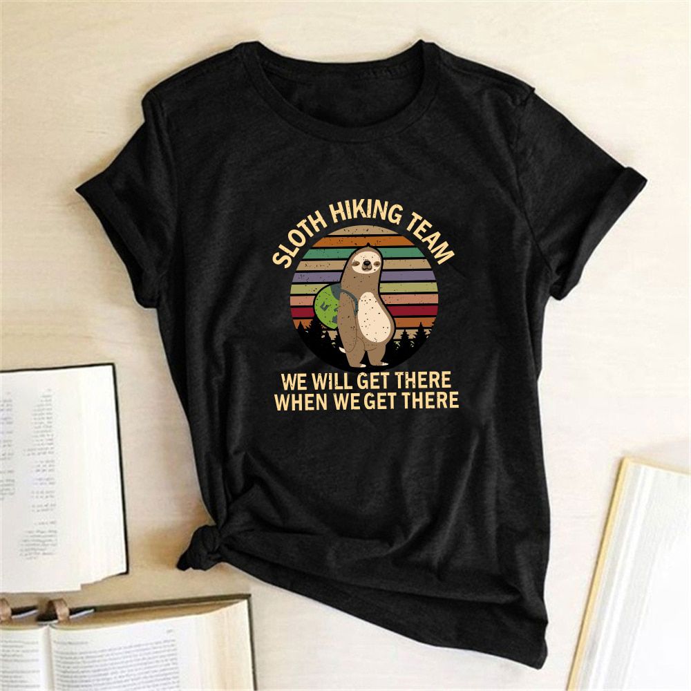Sloth Hiking Team Printed T-shirts Women Summer Cotton Graphic Tees Loose Aesthetic Clothes Anime Round Neck Tops for Women 2020