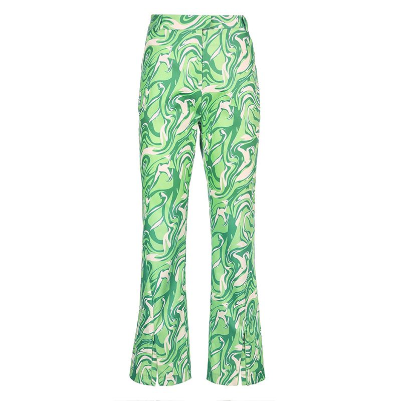 Casual High Waist Vintage Pants Women Fashion Green Split Side Long Trousers Ladies Elegant 90s Streetwear