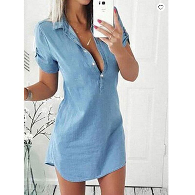 Washed Slim V Neck Short Sleeve Dress Clothing Casual Hot Loose Women's Dress Summer Fashion Sexy Women Denim Dress