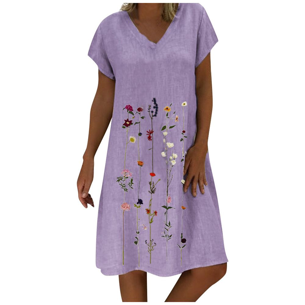 Embroidered Short Sleeves Knee-length V-neck Casual Dress Fashion Women Plus Size Mujer Vestidos Loose Female Fashion Dresses