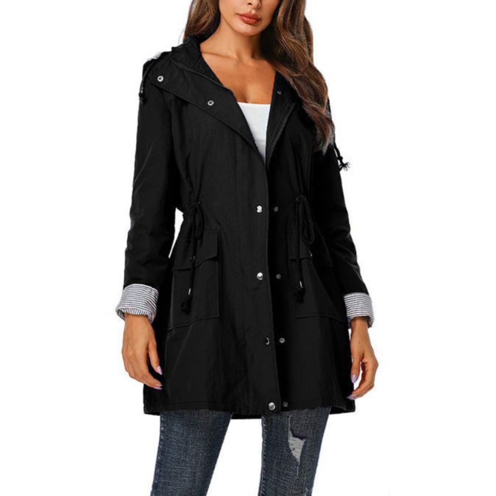 Women Casual Waist Drawstring Pockets Hooded Coat Waterproof Jacket Raincoat