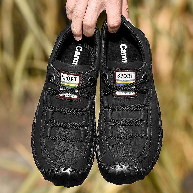 Big Size Spring Leather Men's Shoes Lace-up Man Outdoor Casual Shoes Thick Bottom Stitch Non-slip Male Shoes
