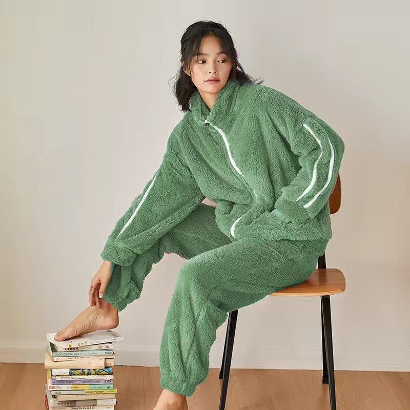 Pajamas Winter Coral Fleece Women Sleepwear Plus Size Flannel Pyjamas Thick Warm Homewear 2Piece /Set Long Sleeve Home Suit