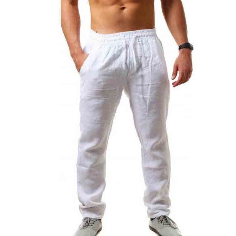 Solid Color Thin Style Men 95%Cotton Spandex Pants Full Length Drawstring Straight Loose Pants Summer Breathable Casual Trousers