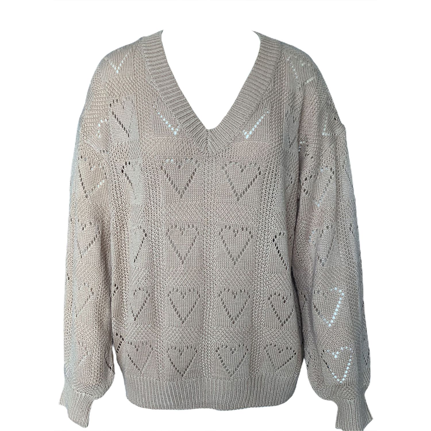 Women Casual Solid Color Sweater, V Neck Long Sleeve Hollow Out Heart Shape Ribbed Knitted Sweaters Outfits
