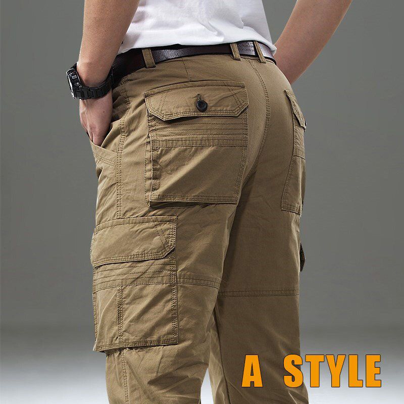 Summer Men High Quality 100% Cotton  Multi-pocket Thin Overalls Pant Man Spring Autumn Casual Khaki Cargo Long Trousers