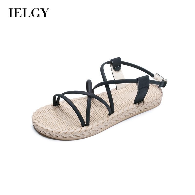 IELGY non-slip flat shoes low-heeled sandals Bohemia open toe casual all-match beach shoes straw soles One-line buckle PU
