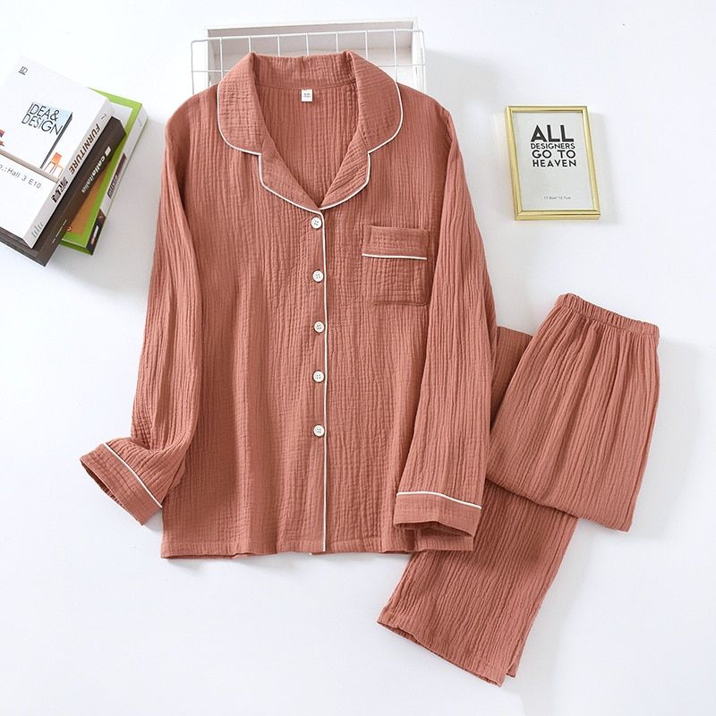 100% Cotton Couple Pajama Set Double Layer Crepe Pijamas Women and Men Long Sleeve Pants Sleepwear Soft Breathable Nightwear