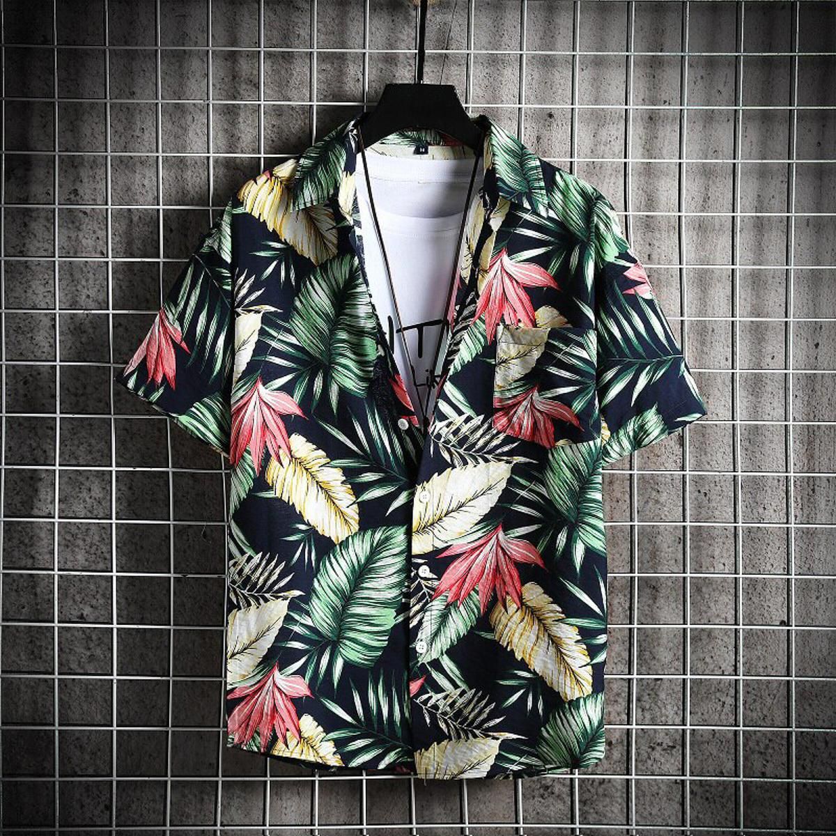 Fashion Dot Mens Hawaiian Beach Shirts 2021  Summer New Short Sleeve Floral Print Tropical Aloha Shirts Holiday Vacation