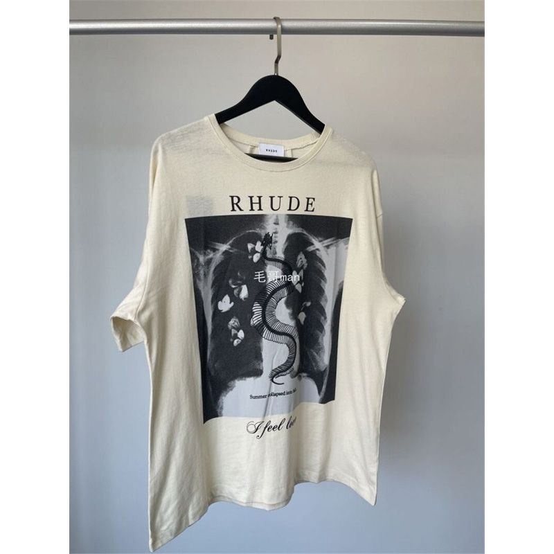 Oversize Rhude BOX PERSPECTIVE T-shirt Men Women Vintage 1:1 High Quality RHUDE Color Logo Print Tops Tees