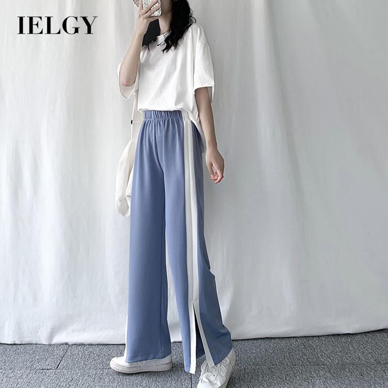 IELGY wide-leg pants slit stripes slim straight high waist contrast color cropped trousers Casual pants loose