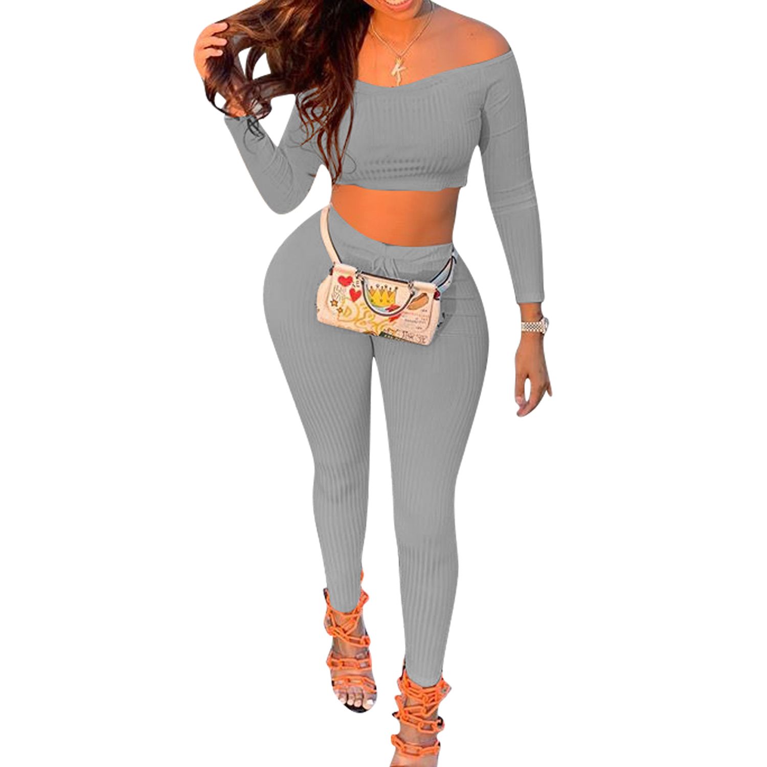 2020 Women 2 Pcs Solid Color Knitted Sets, Off Shoulder Long Sleeve Crop Top + High Waist Leggings Outfit