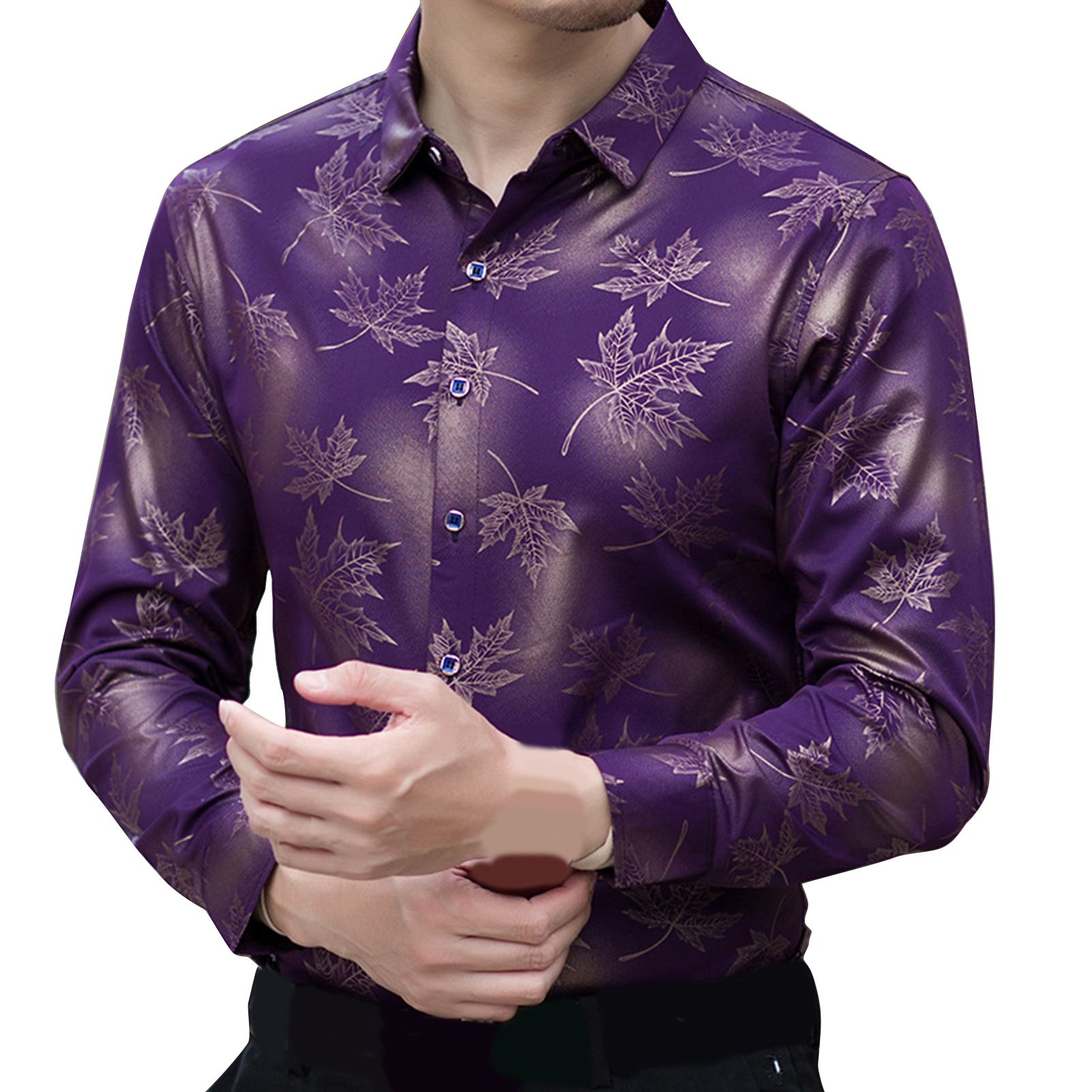 Men Shirt Slim Fit Fitted Maple Leaf Printed Autumn Men Top