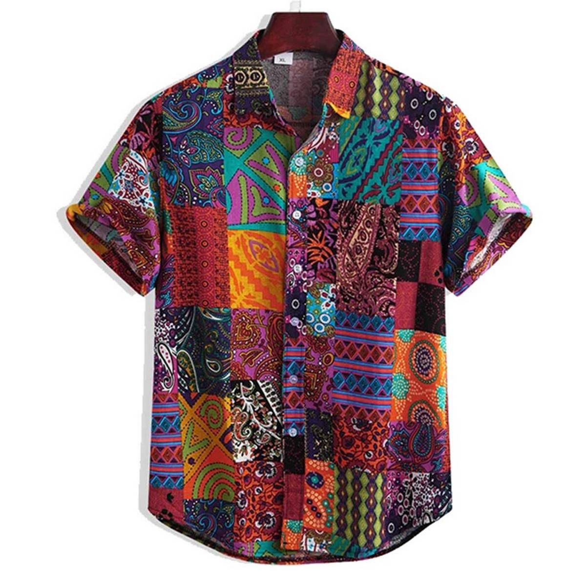 OIMG Shirt Men Men'S Colorful Summer Short Sleeve Loose Buttons Hawaiian Casual Shirt Blouse
