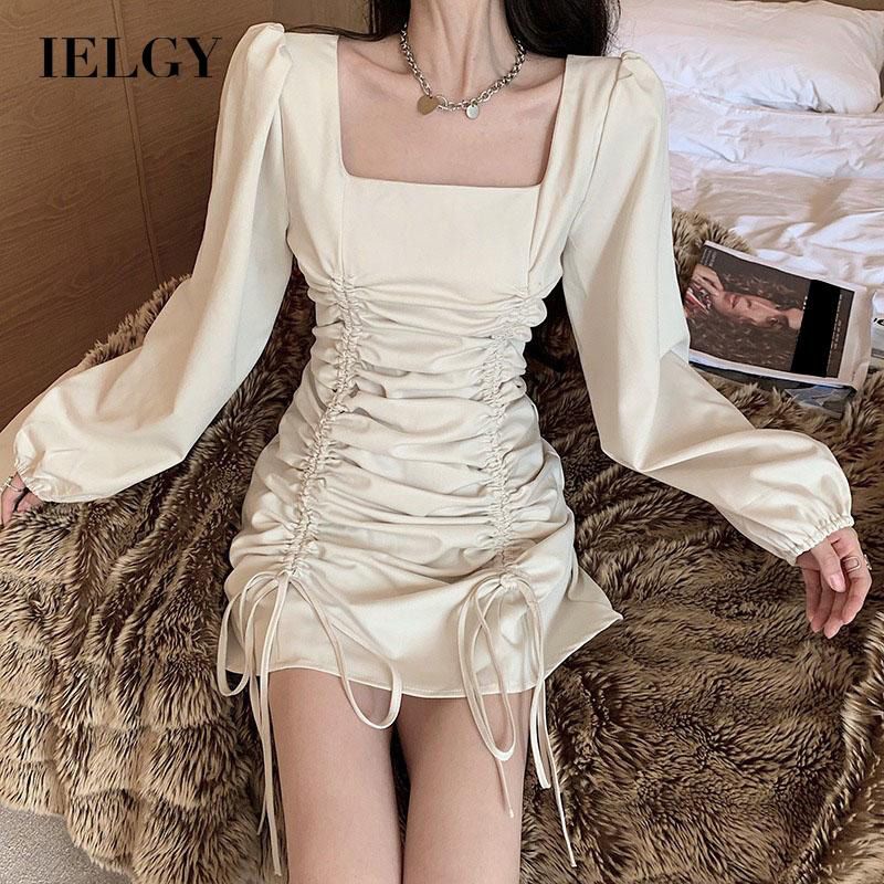 IELGY Women's clothes Short skirt Retro High waist Dress Slim Long sleeves Square collar Black Tie