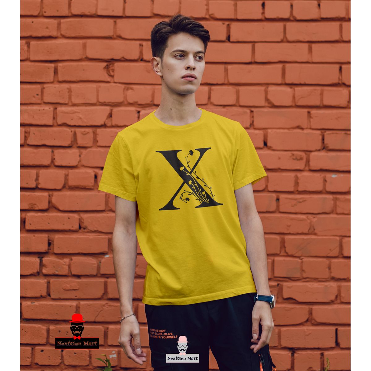 Yellow Color Fashionable English Alphabet Short Sleeve Tshirt - T Shirt For Man