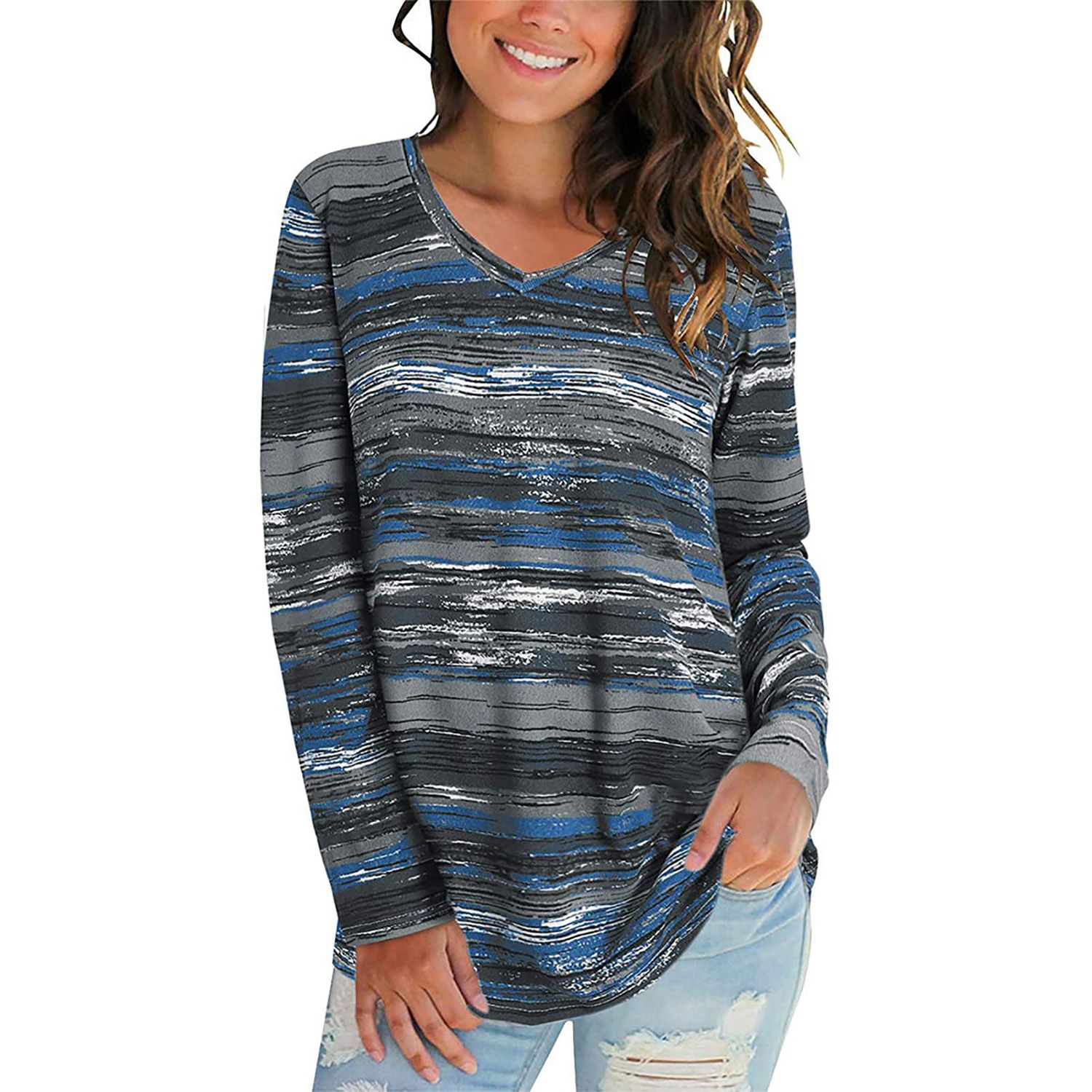 Tunic Blouse Good Elastic Trendy Striped Print Loose Blouse
