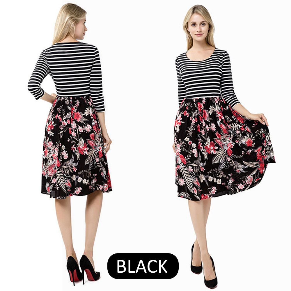 Summer Women Elegant Vintage dress Long-sleeved Cotton Printed A-line Skirt Stitching Belt Skirt Spring And Summer New Professional Design