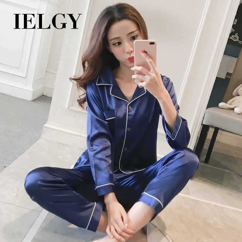 Ielgy Long-Sleeved Silk Two-Piece Korean Casual Cardigan Pajamas