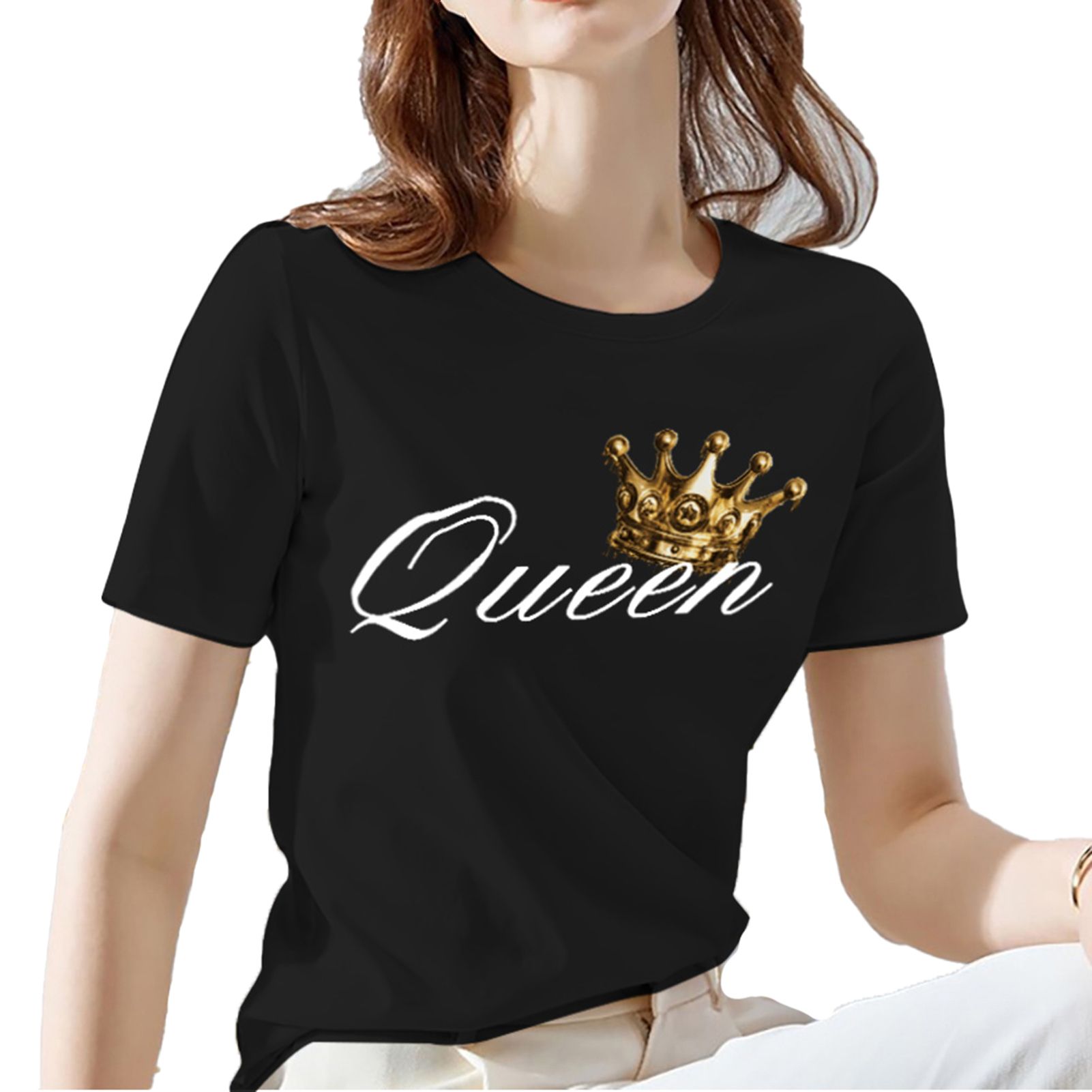 Women T-shirt Elastic Simple Solid Color Printing Pullover Top