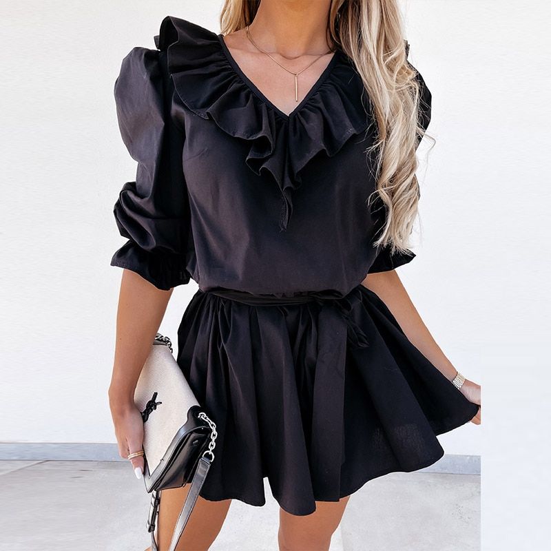 Summer Short Sleeve Women Party Dress Elegant Spring V Neck Lace Mini Dress Fashion Sexy Off Shoulder Ruffle Mini Dress Vestidos