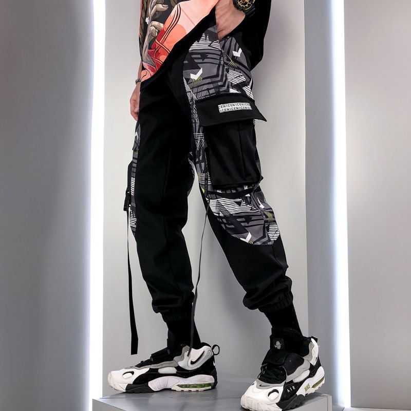Men Ribbons Streetwear Cargo Pants Autumn Hip Hop Joggers Pants Overalls Black Fashions Baggy Pockets Trousers